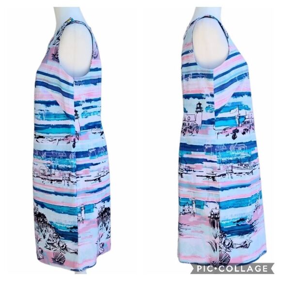 New Artfully Sketched Graphic Design Sheath Dress Size 8 Petite Zip Up Cotton - Picture 8 of 14